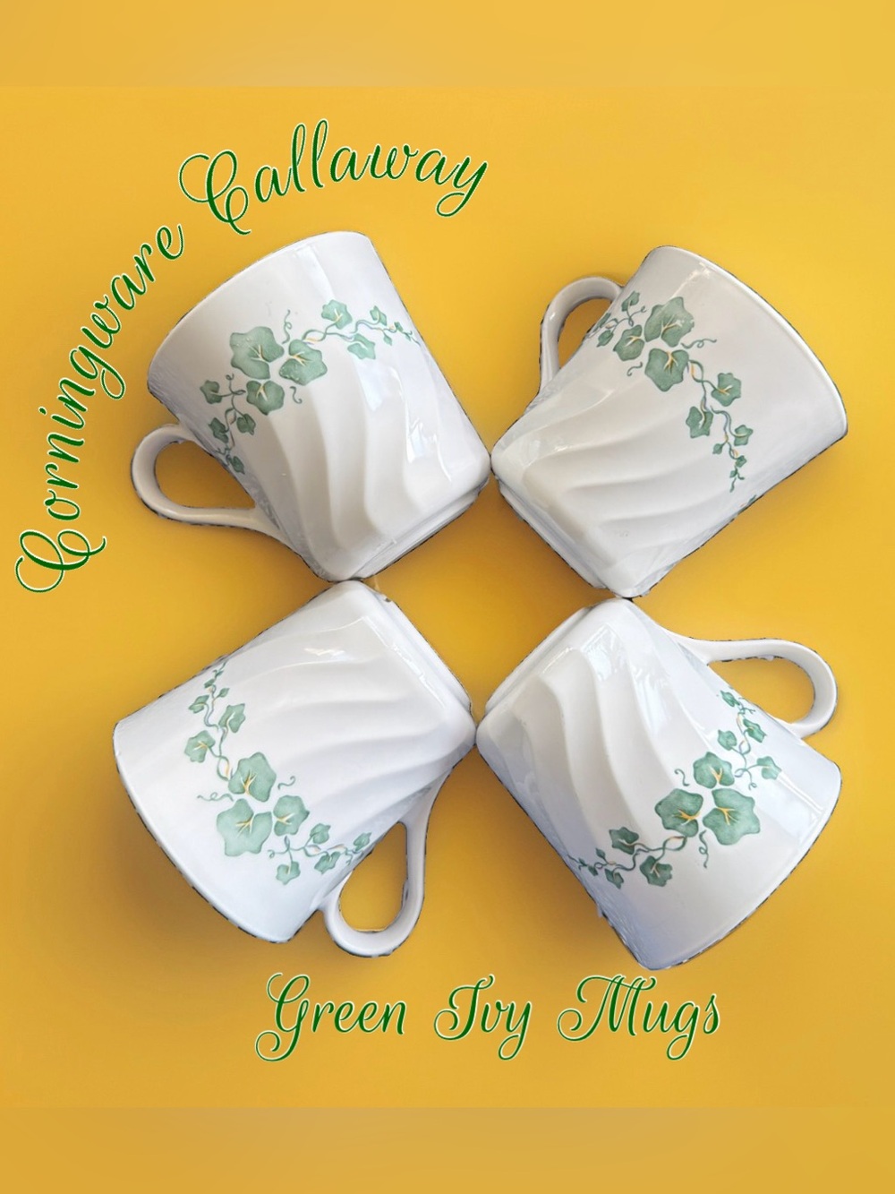 Corning Corelle Callaway Green Ivy Cups/Mugs White Swirl Set of 4